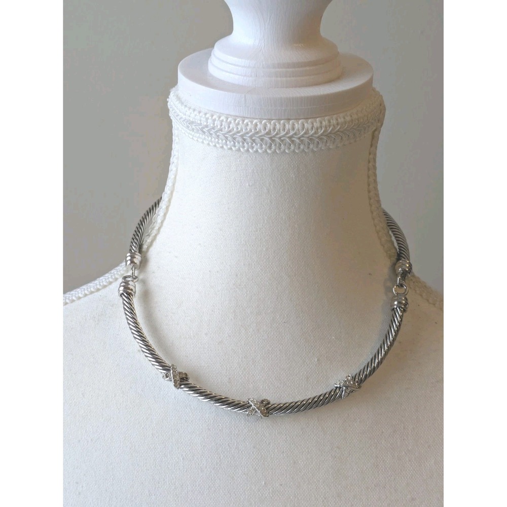 Silver Tone Cable Collar Necklace Crystal X Wrap Statement Torque Choker Classic